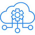 Cloud computing services. A modern data center with rows of servers and glowing lights, symbolizing technology and connectivity