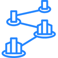 A blue line drawing of three buildings