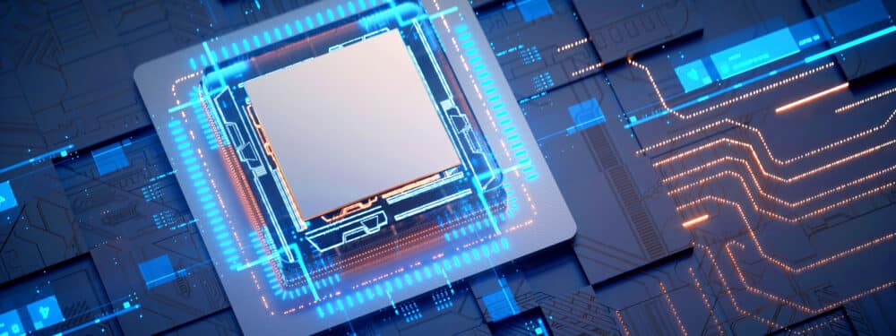 3D rendering of cyberpunk AI. Circuit board. Technology background. Central Computer Processors CPU and GPU concept. Motherboard digital chip. Tech science background.
