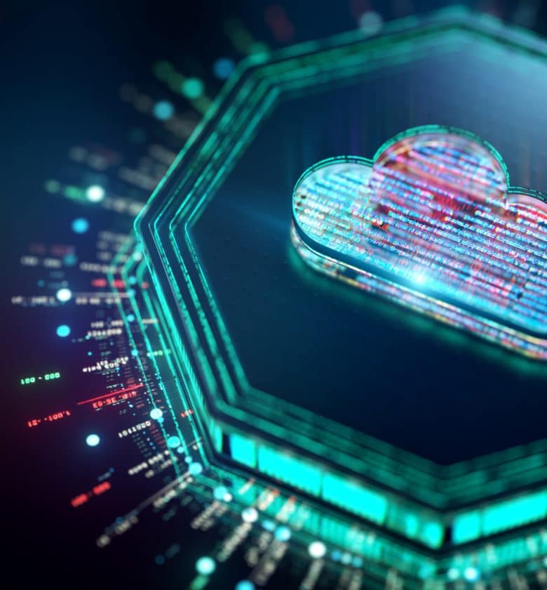 a cloud icon with a forward arrow, symbolizing progress and innovation